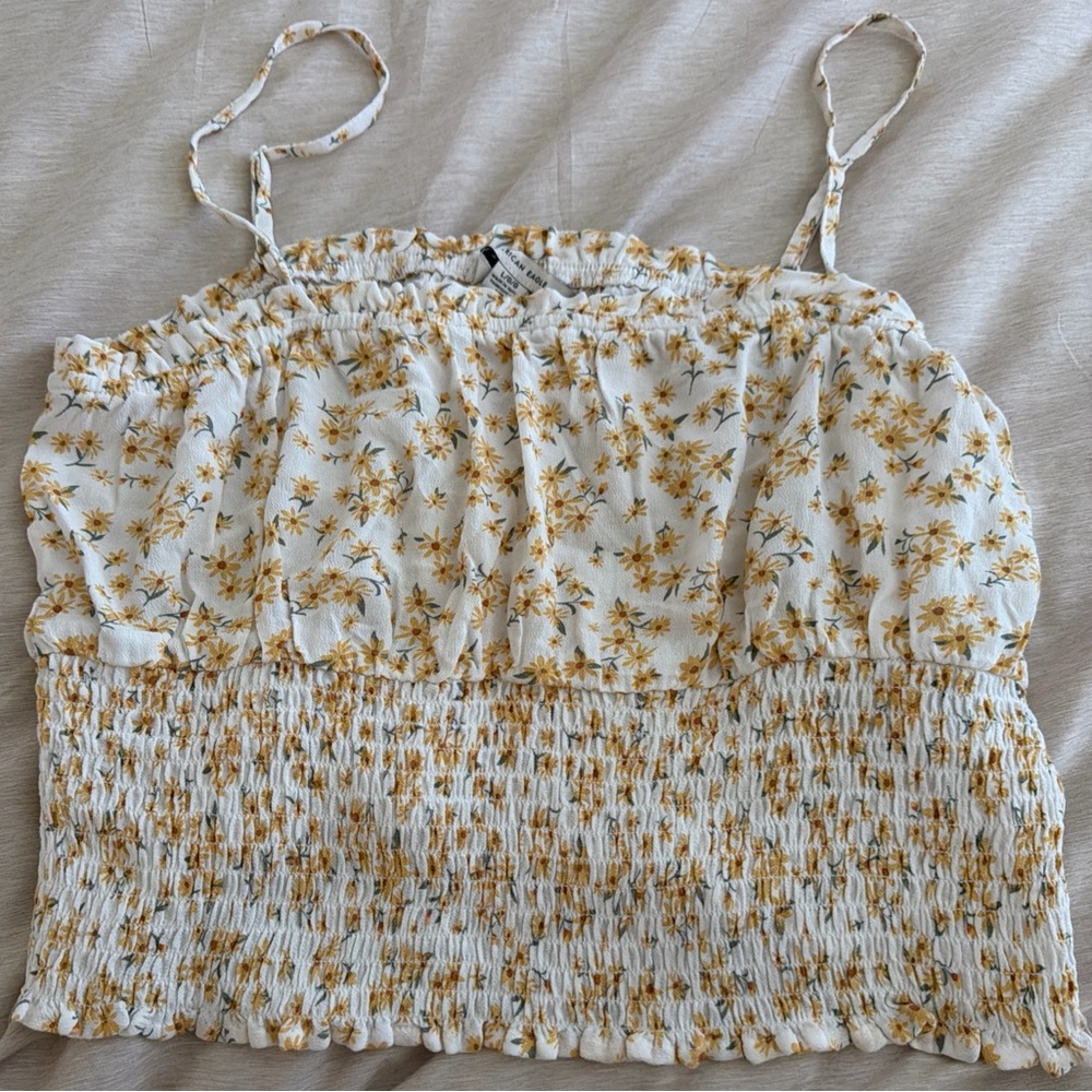 American Eagle Women L White w/Yellow Floral Boho Ruffle Smocked Crop Cami